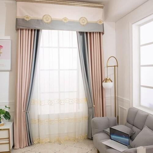 Luxury Pink Grey Stitching Curtain For Living Room Simulation Silk Heavy Fabric Crown Bee Embroidery Valance Window Drape JS302C