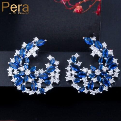 Pera Korean Right And Left Asymmetric Design Fashion Women Party Gift Big Ear Round Blue And White Cubic Zirconia Earrings E280