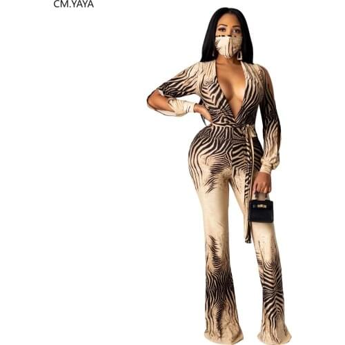 CM.YAYA Women Wave Striped Print Deep V-neck Cut Out Long Sleeve Flare Jumpsuit High Streetwear One Piece Bell Bottoms Romper