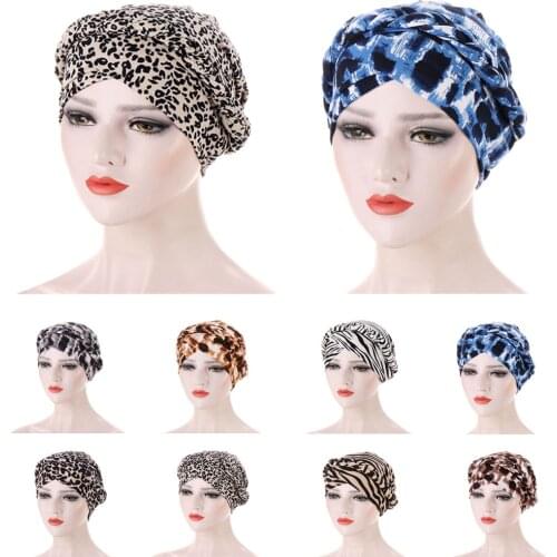 Bohemia Printed Leopard Turban Cap Braid Muslim Head Turbans for Women Headscarf Bonnet Islamic Inner Hijabs Caps Head Wrap Arab