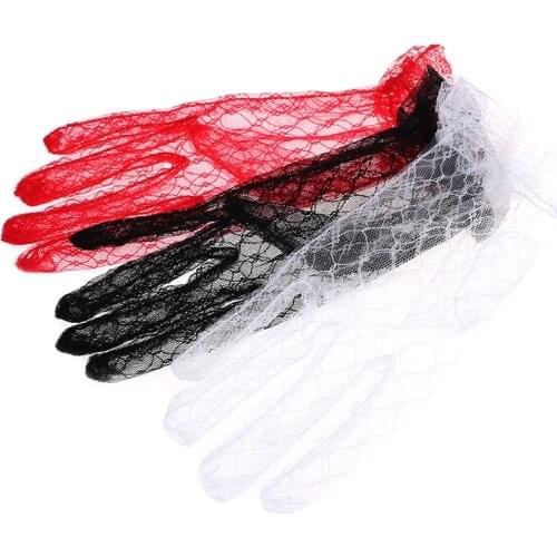 1Pair Vintage Crocheted Sexy Womens Lace Short Gloves Full Fingered Wrist Length Through Solid Color Bridal Wedding Mittens