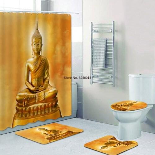 Ancient Gold Buddha Statue with Aura Shower Curtain Set Waterproof Buddhism Bathroom Curtain for Buddhist Gifts Mat Home Decor