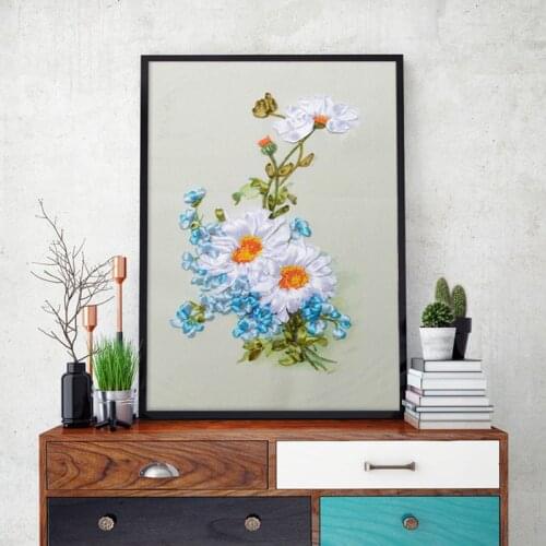 Blooming flower vase silk ribbon embroidery 3D canvas painting satin cross stitch kit needlework unique handcraft gift DIY home