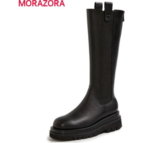 MORAZORA Size 34-43 New Genuine Leather Boots Women Chunky Platform Knee High Boots Female Winter Motorcycle Boots Zip Shoes