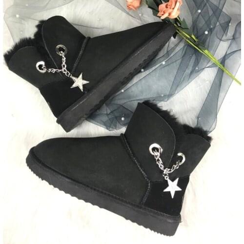2020 Fashion Two Bows Real Sheepskin Womens Winter Woman Snow Boots Mid Calf Genuine Sheepskin Women Boots Women Shoes