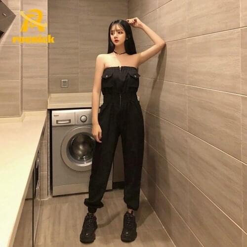 ROENICK Women Retro Sexy Shoulder Jumpsuits Female Large Pockets Zipper Casual Wide-Leg Pants Elastic Waist Slimming Overalls