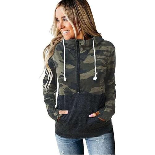 Leopard Camouflage Print Patchwork Zipper Pocket Tops Women Long Sleeved Loose Hooded Sweatsirt Fashion Casual Pullovers Hoodies