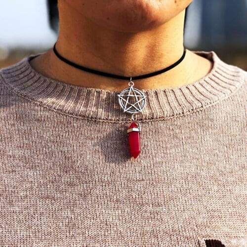 Gothic Pentagram Witchcraft Velvet Cord Choker Blood Crystal Witch Pagan Necklace Women Jewelry Accessories