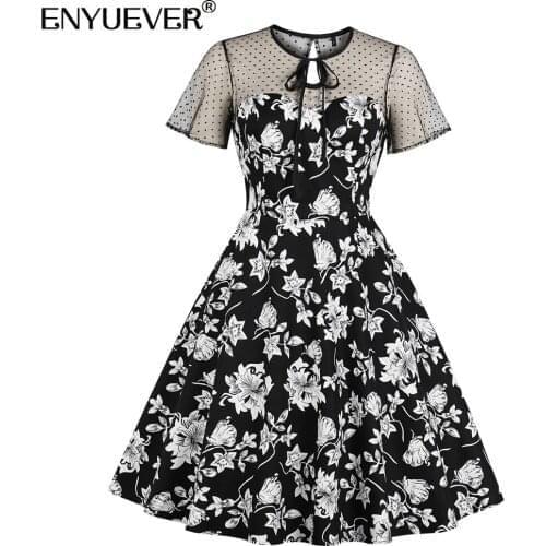 Enyuever Black White Floral Print Women Summer Dress Short Sleeve Bow Neck Cotton Mesh Hollow Out Robe Pin Up Swing Casual Dress