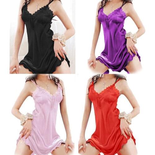 Women Summer Sexy Sleep Dress Elegant Silk Solid Nightgown Satin Babydoll Lace Robe