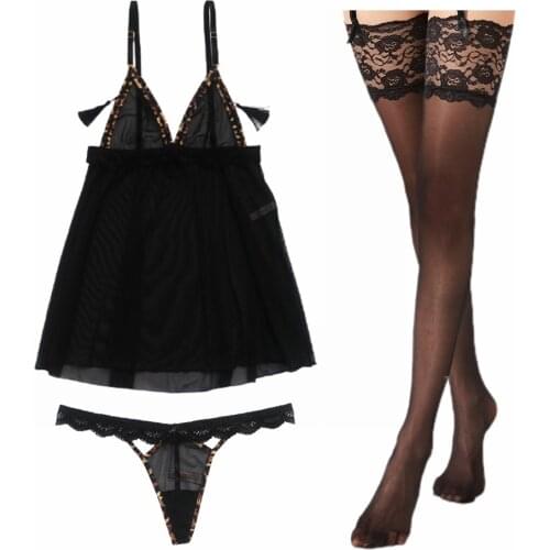 Womens Sexy Lace Nightgown Lingerie Deep V Teddy babydoll Super Soft Sleepwear G-string Thong Stockings 3 pc