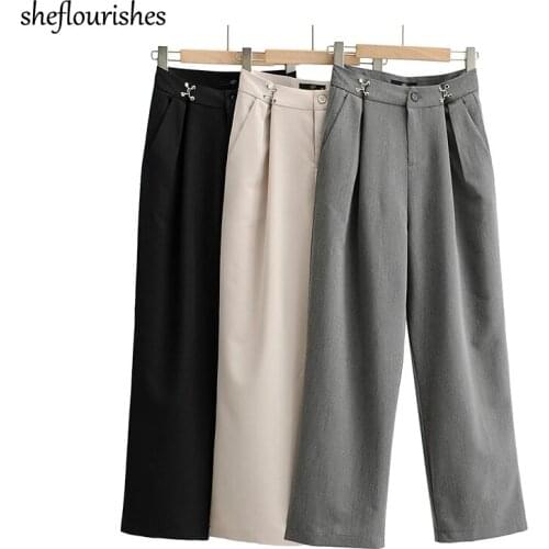 Elegant pants women high waisted suit pants korean solid trousers fashion wide leg pants black streetwear office lady spring