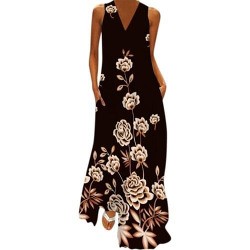 Floral Summer Long Dress Casual Boho Beach Sundress Women Sexy Party Dresses V-neck Sleeveless Pocket Vestidos Платье Женское