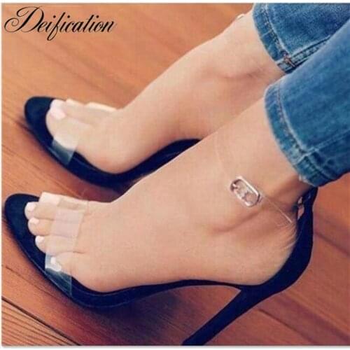 Deification Factory 2018 Summer Sexy Buckle Transparent Designer Shoes Ankle Strap Chaussure Plus Size Woman Gladiator Sandals