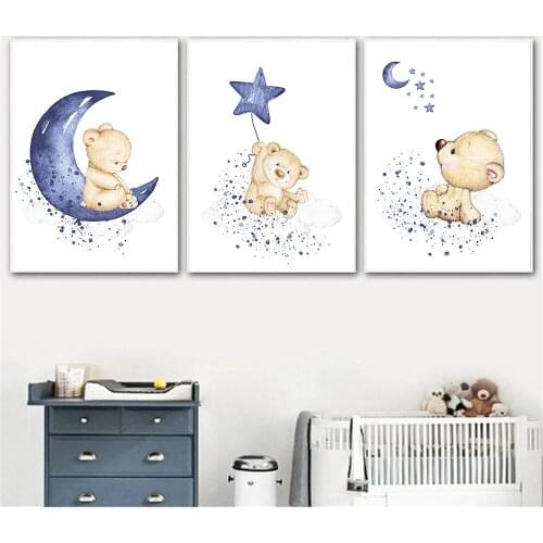 Baby Animal Bear Wall Art Prints Nursery Canvas Painting Blue Star Moon Art Poster Children Nordic Wall Pictures Kids Room Decor