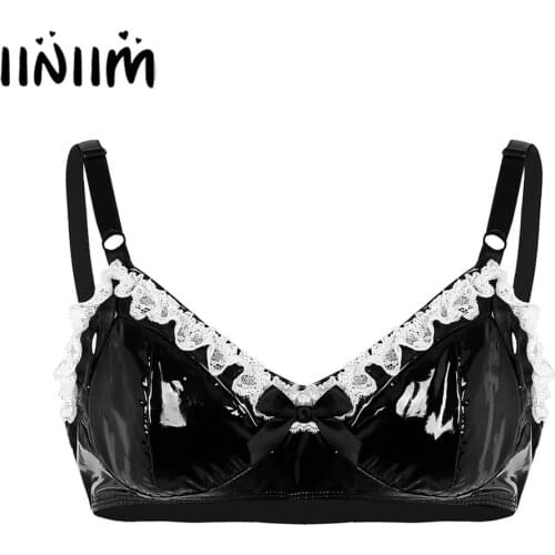 Iiniim Sissy Gay Mens Sexy Exotic Bras Tanks Lingerie lover Evening Clubwear Costumes Lace with Bowknot Wetlook Latex Bra Top