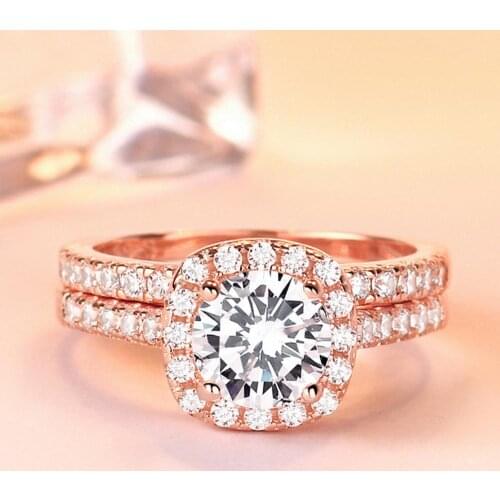 2pcs Engagement Ring Set For Women Rose Gold Real SterlingSilver Wedding Band Ring Luxury CZ Rhinestone Fashion Jewellery