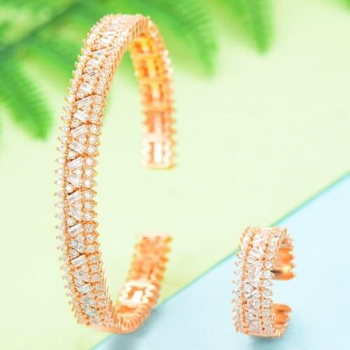LARRAURI Luxury Bangle Ring Set Tricolor Zircon Copper Dubai Bridal Jewelry Set Wedding Banquet Women Hand Accessories Sets Gift