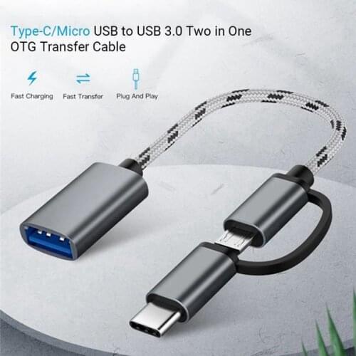 Hot-2 in 1 USB OTG Cable Type-C/Micro-USB to USB 3.0 Adapter Braided Designed Data Transfer Cable for Andriod Phone(Grey)