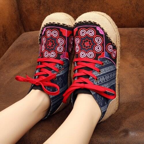 Lace-up Cotton Fabric Casual Flats loafers Linen Hemp Round Toe Totem Embroidered Ethnic Style Vogue Cute Shoes