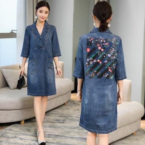 Womens Autumn 2021 New Korean Loose Casual Jeans Dress Five-point Sleeve Vestidos Plus Size 5XL Back Printing Ladies Dresses
