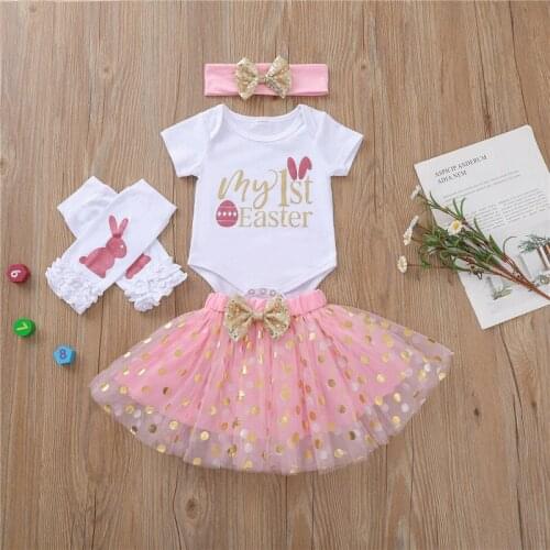 0-24M Newborn Baby Girls Easter Clothes Sets Short Sleeve Romper Top+Dots Tutu Skirt+Headband+Bunny Leg Warmers Infant Clothing