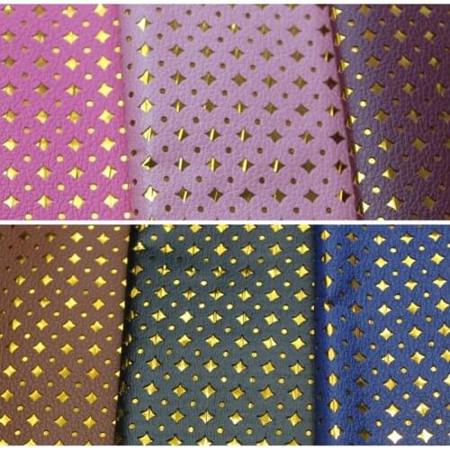 50 yards roll New punching artificial leather with gold film and stars metallic leather fabric
