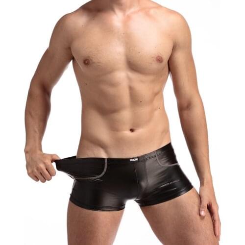 Sexy Fashion Faux Leather Elastic Men Sexy Mini Boxers Underwear Male Gay Penis Pouch Shorts Lingerie Size M L XL