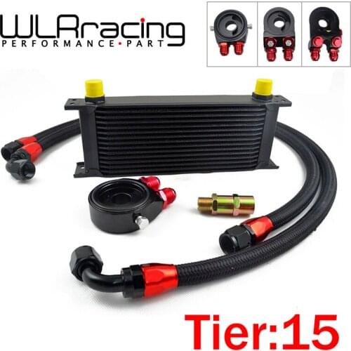 Universal 15 ROWS AN10 OIL COOLER ENGINE + AN10 Oil Filter Cooler Sandwich Plate Adapter Black + 2PCS BRAIDED HOSE LINE