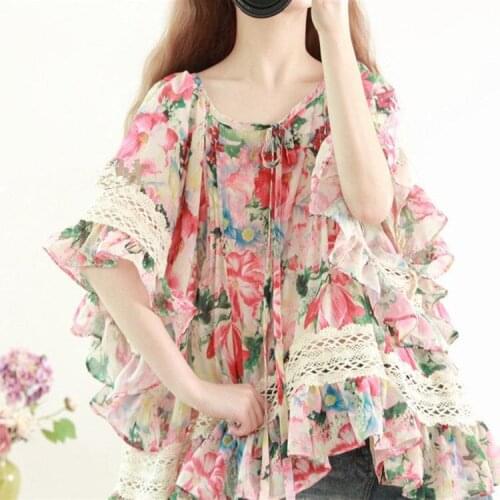 Bohemian 2019 summer flared Sleeve Ruffle Floral Lace Chiffon shirt womens top