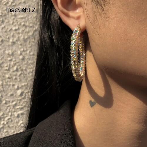 IngeSight.Z Stylish Shiny Rainbow Rhinestone Big Hoop Earrings for Women Bling Crystal Basketball Loop Earrings Jewelry Brincos