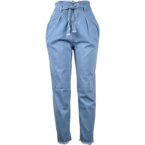 2021 Summer Women Vintage Jeans Skinny Waist Belt Cotton High Waist Fashion Casual Straight Pants Work Denim Long Trousers