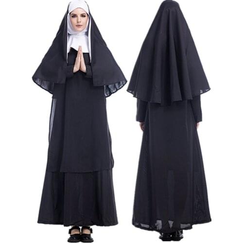 S-XXL Adult Women Priest Missionaries Sister Nun Costume Headscarf Robe For Party Cosplay Stage Performance Halloween