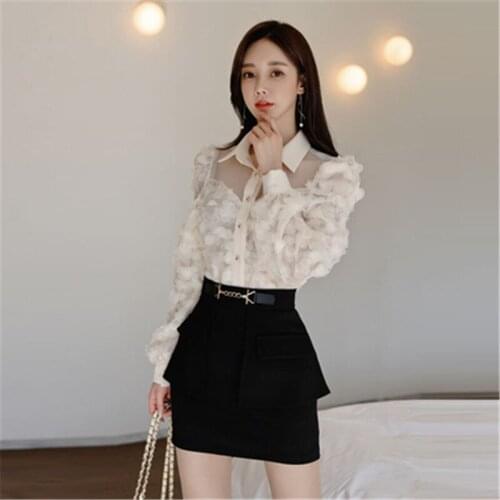 Spring Womens 2021 New Sets Skirt Two-Piece Set Temperament Chic Long Sleeve Shirt Mini Skirt Female Design Sense Suit