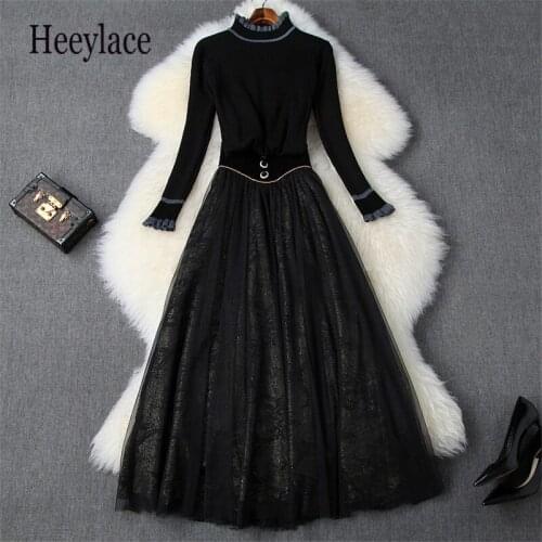 Runway Designer Suit Women 2020 Fashion Autumn Winter Outfits Ruffles Neck Sweater and High Waist Tulle Skirt Sets women clothes