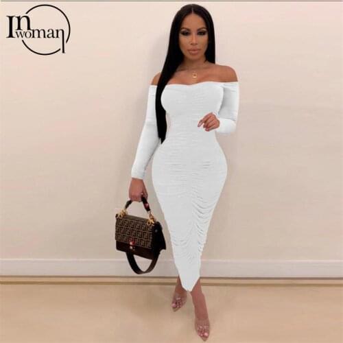 INWOMAN Autumn Sexy Black Dresses For Women 2021 Off Shoulder Long Sleeve Bodycon Dress Female Ruched Clubwear Party Maxi Dress