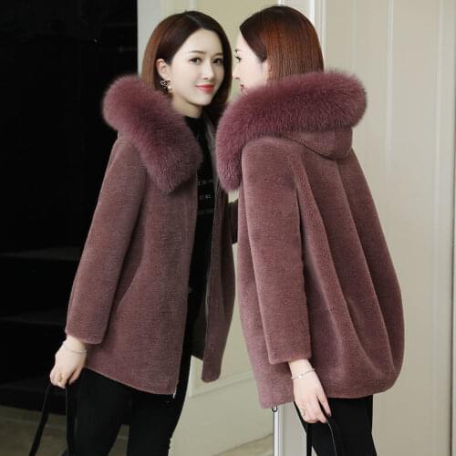 2021 Women Winter Genuine Lambs Wool Coat Lady Real Sheep Shearing Fox Fur Collar Fur Outerwear Female Casual Hooded Jacket K339