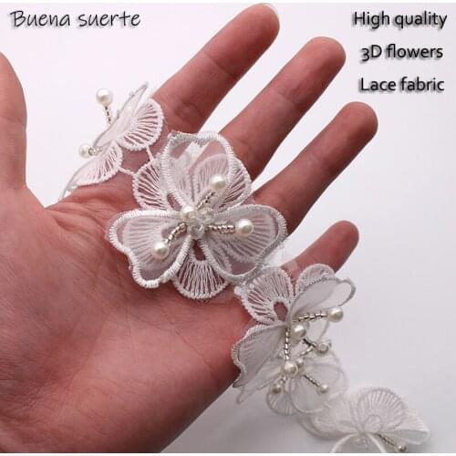10pcs 5.5cm 3D White Flower Pearl Beaded Embroidered Lace Trim Ribbon Fabric Handmade DIY Costume Dress Sewing Supplies Craft
