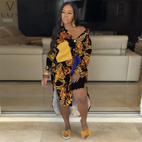 VAZN 2021 Autumn Style Shirt Dress Retro Chiffon Maxi Long Loose Dress Sexy Young Full Sleeve Women For Evening Robe