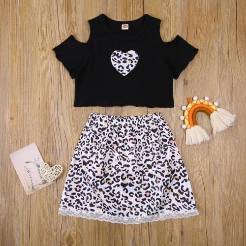 Infant Kids Baby Girl’s Outfits Two Piece Suit Fashion Heart Off-shoulder Short Sleeve T-shirt and Leopard Short Skirt 2-7T