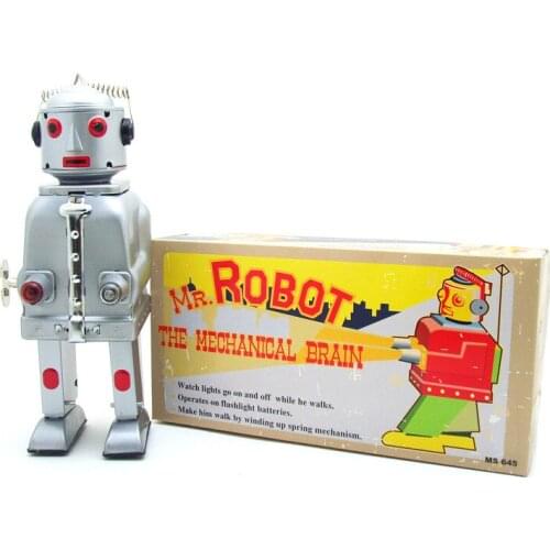 Retro Collection Tin toys mkd3 Children Metal Wind up Figure Models Robot Doll Handmade Iron Mechanical Mr. Robot with light