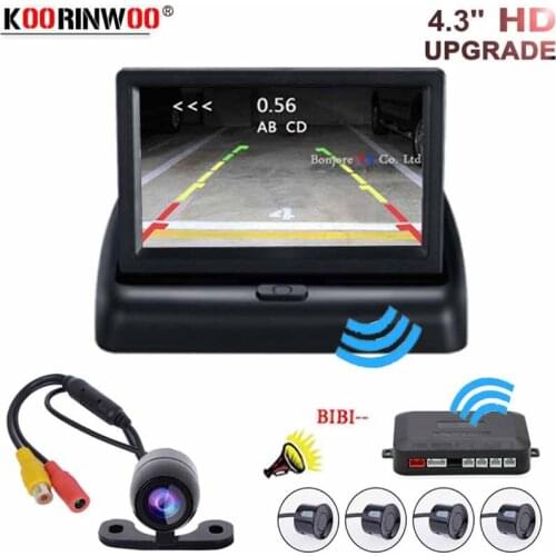 Koorinwoo Wireless 4 Parking Sensors Black Radar Alarm Car Auto CCD Reverse Rear view camera 4.3 inch Foldable Monitor System
