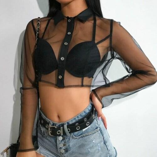 Hot Fashion Women Sheer Mesh Fishnet Long Sleeve Button Front See Crop Top T Shirt Beach Summer Cover-Ups Outfits