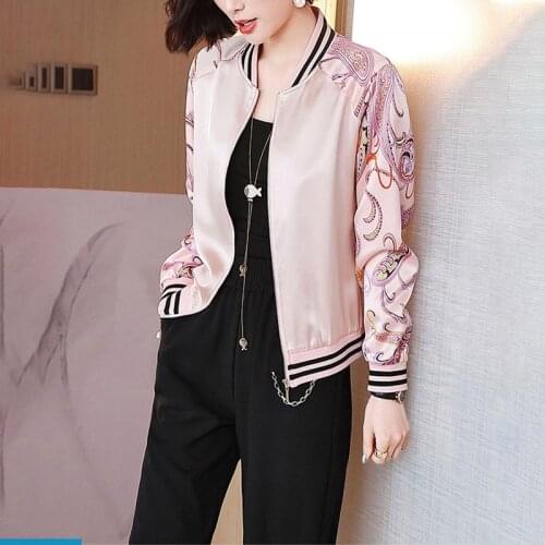 Fashion Korean allmatch satin silk bomber jacket women printing casual plus size cropped jacket ladies 2021 new spring coat