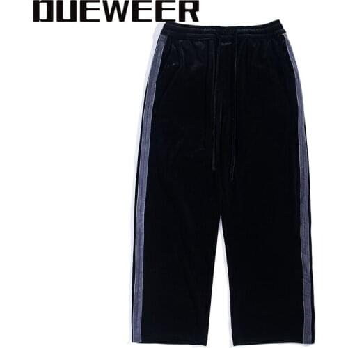 Dueweer Mens Velvet Wide Leg Pants Hip Hop Side Stripe Sweatpants Brown Velour Pants Streetwear Women Wide Leg Trousers