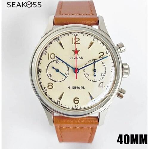 SEAKOSS 1963 40mm Men Chronograph Watch Hardlex Sapphire ST1901 Manual winding Seagull Movement Mens Wristwatches Show Caseback