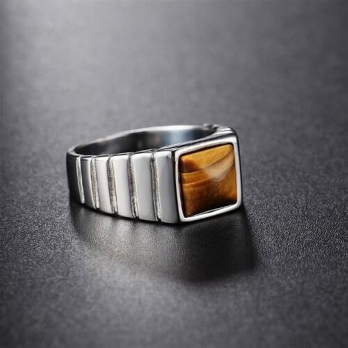 Men High Quality Jewelry Ring for Man brown Square Stone 316L Stainless Steel Fashion high polish Ring for Boy