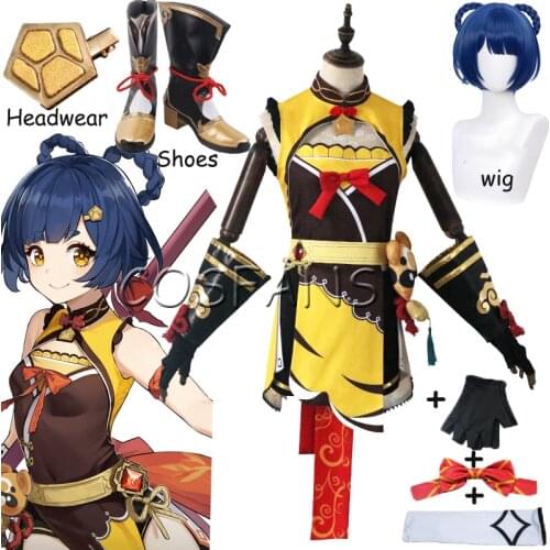 Game Genshin Impact Xiangling Cosplay Costume Wigs Shoes Anime Dress Halloween Party Women Outfit Uniform Wig and shoes Headwear