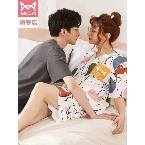Lovers pajamas summer thin short sleeve shorts printed cotton loose size can be worn outside the home suit