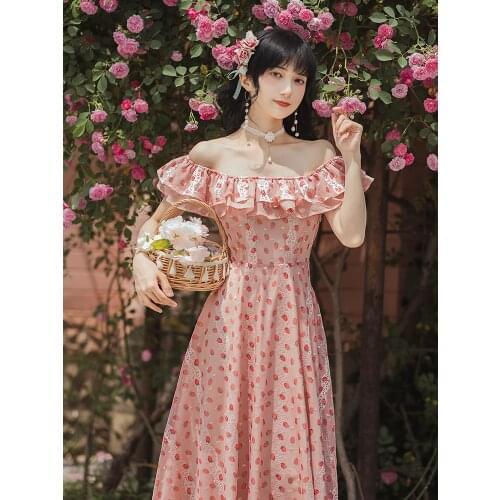 Summer Fairy Dress Retro Strawberry Embroidery Gentle Vestido Ruffle Square Collar Strapless Elegant French Party Dress